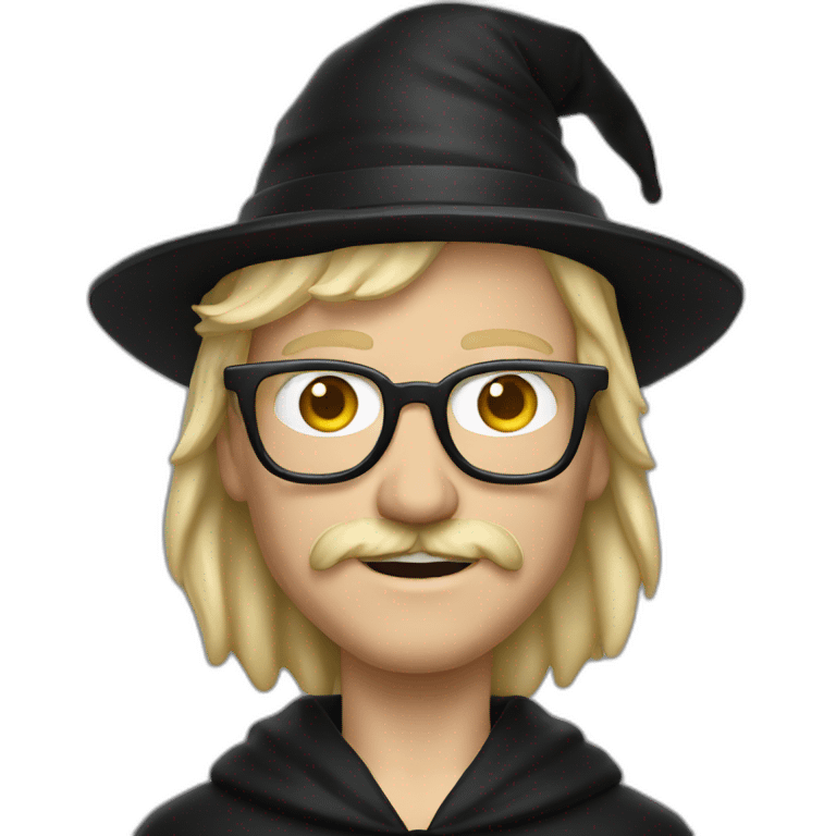 A man with blond hair and a mustache, wearing a black squared shaped eye glasses, wizard hat, black  robe emoji