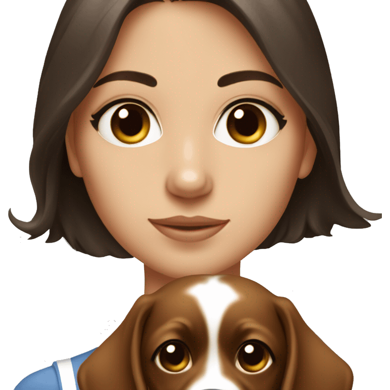 medium length pretty brunette haired woman with dark brown eyes holding a dog emoji