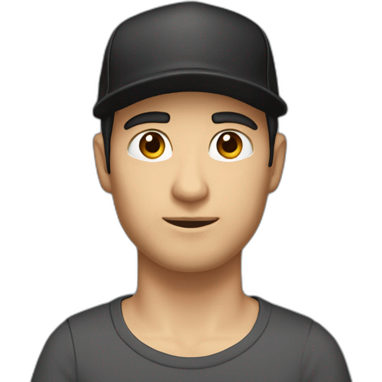 man,-caucasian,-with-a-brown-cap- -and-black-t-shirt- half body- black hair, black eyeblack-without suitcase emoji