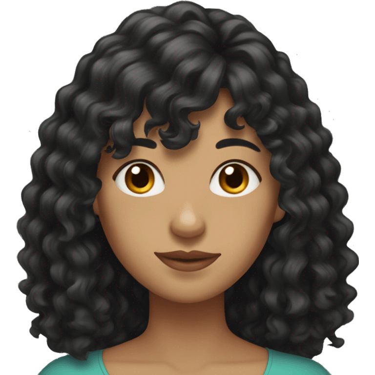 woman with long black curly hair and bangs and dark brown eyes emoji