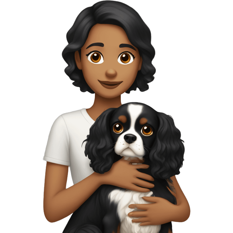 girl with black hair and light skin hugging two black and brown cavalier king charles spaniel  emoji