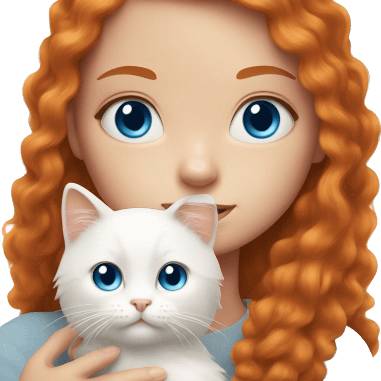 ginger girl with freckles and blue eyes holding fluffy white cat with blue eyes emoji