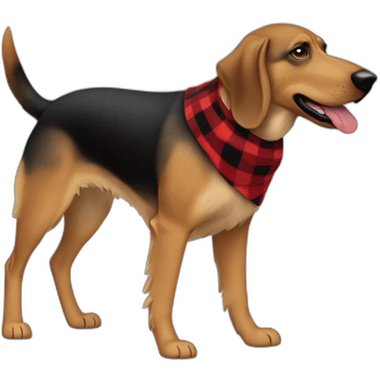 adult 75% Coonhound 25% German Shepherd mix dog with visible tail wearing small pointed red buffalo plaid bandana full body walking left quickly emoji