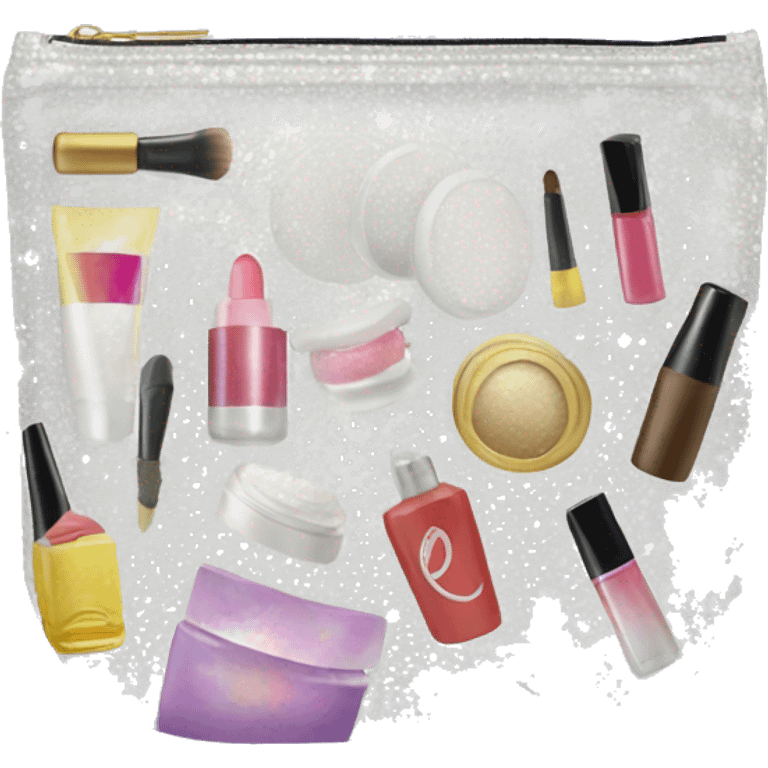 White glittery Cosmetic Bag with cosmetics emoji