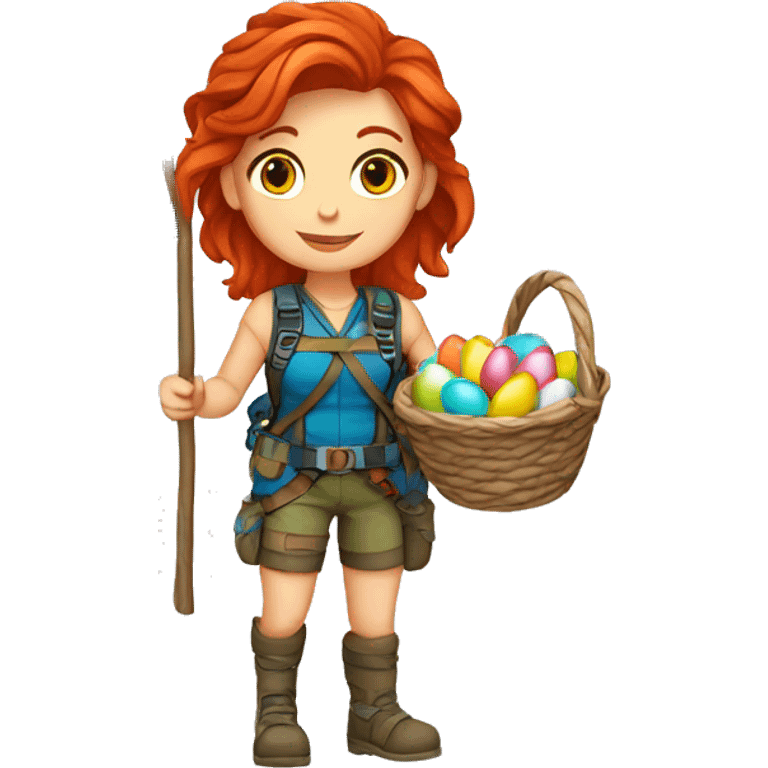 Female mountain climber red hair with Greek flag and holding Easter eggs basket emoji