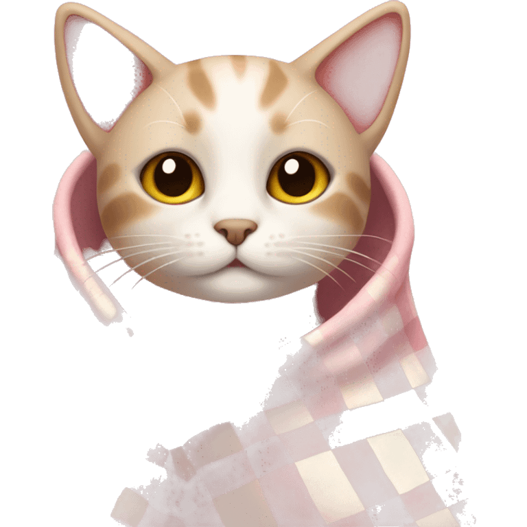 cat with a cozy light pink checkered blanket around it emoji