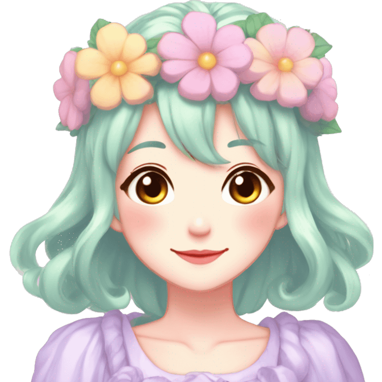 Gorgeous Shiny Colorful Pastel Anime Style Mature Lady with blushing face and pretty hair with a flower crown pastelcore kawaii cottagecore fairycore aesthetic trending style emoji