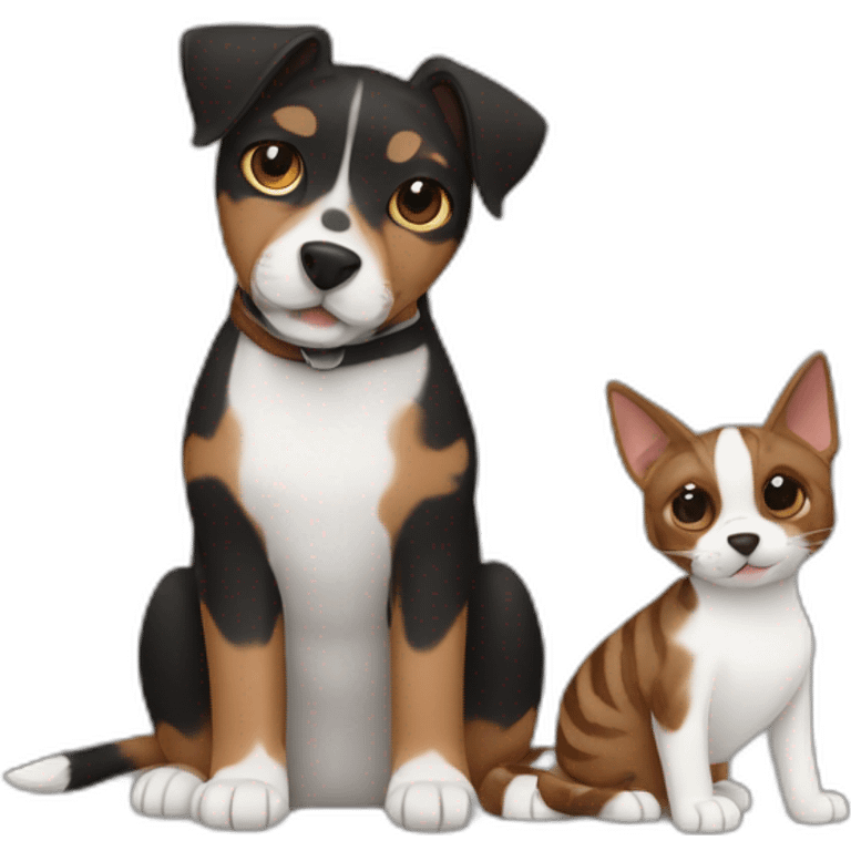 Black mackerel tabby cat and brown Jack Russell dog hugging emoji