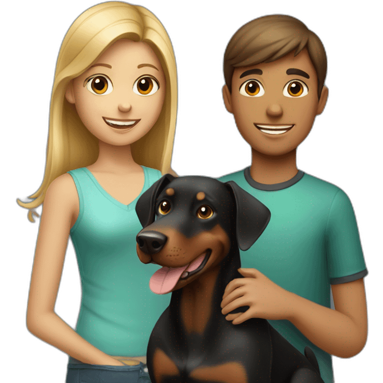 A girl and boy with a playing doberman dog  emoji