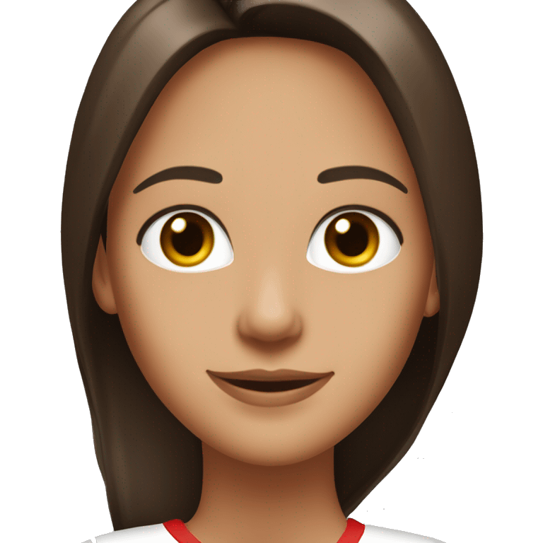 Portrait of an adult girl, tanned skin, dark brown long straight hair, dark eyes, smiling, wearing a white long sleeve with red horizontal narrow stripes. emoji