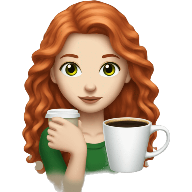 White girl long long red hair with green eyes and coffee  emoji