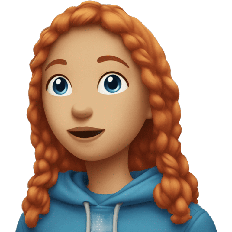 A girl with short red hair wearing blue hoodie. She has blue eyes. She is smiling. She blows a kiss. emoji