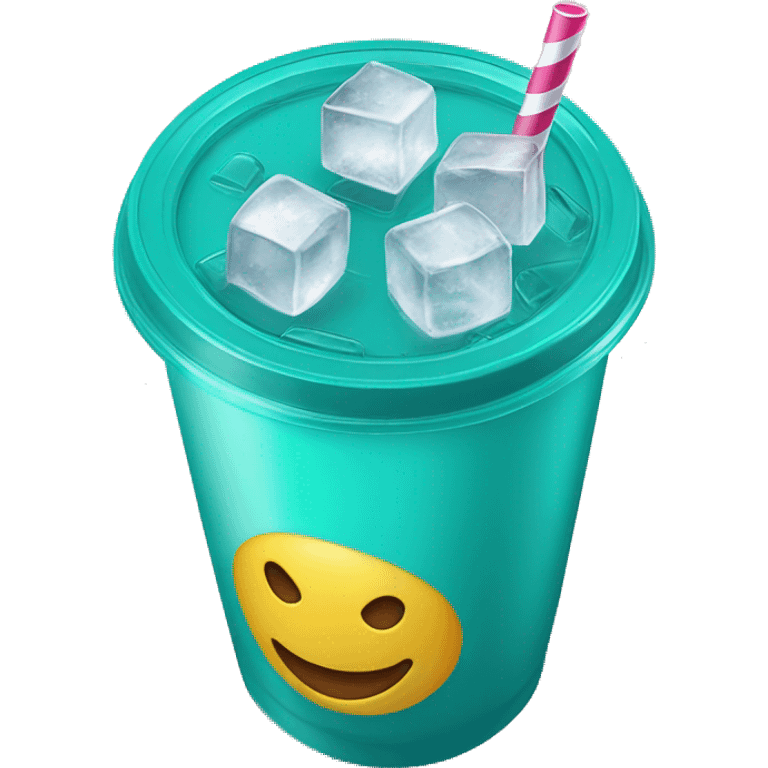 Realistic plastic cup and lid with Transluscent turquoise and large ice cubes inside and one straw through the top of the lid. emoji