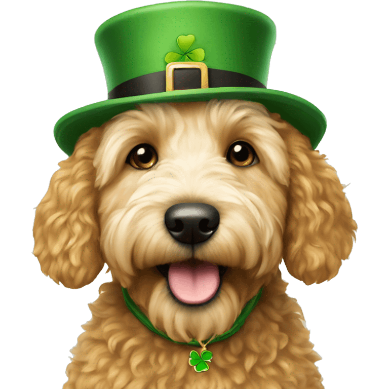 Mini golden doodle wearing Irish hat  emoji