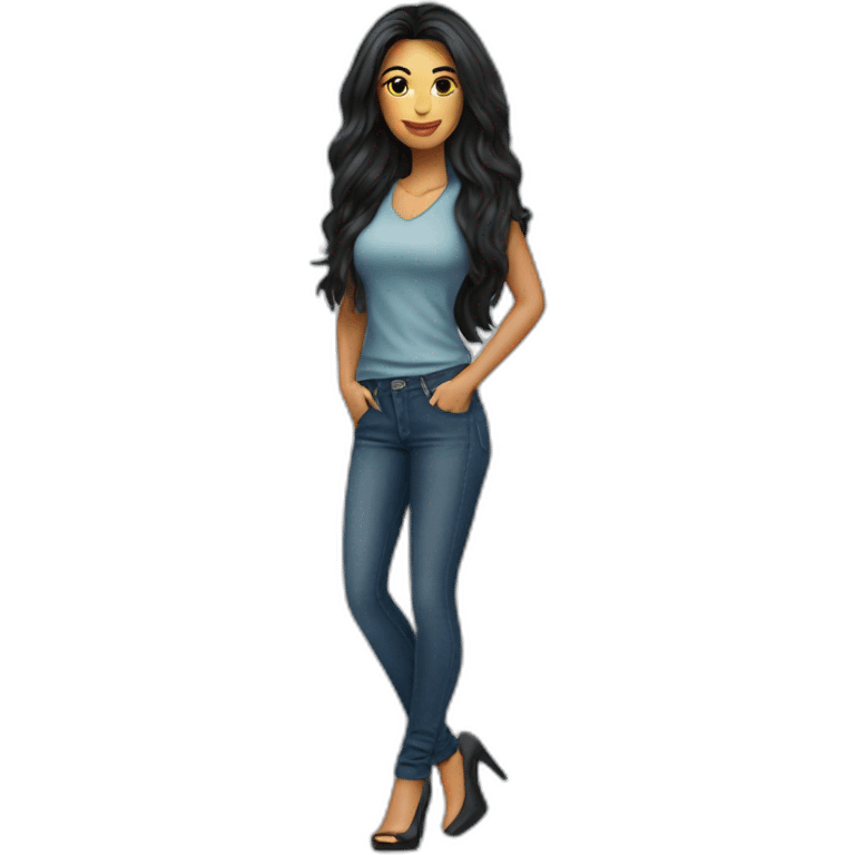 Brazilian Woman with long black hair dressing jeans with Tshirt in high heels emoji