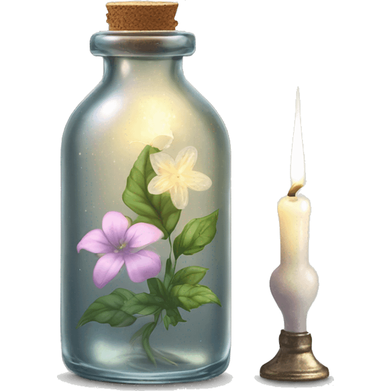 White magic fairy light sparkling old Antique bottle with poison and with herbal and flowers emoji