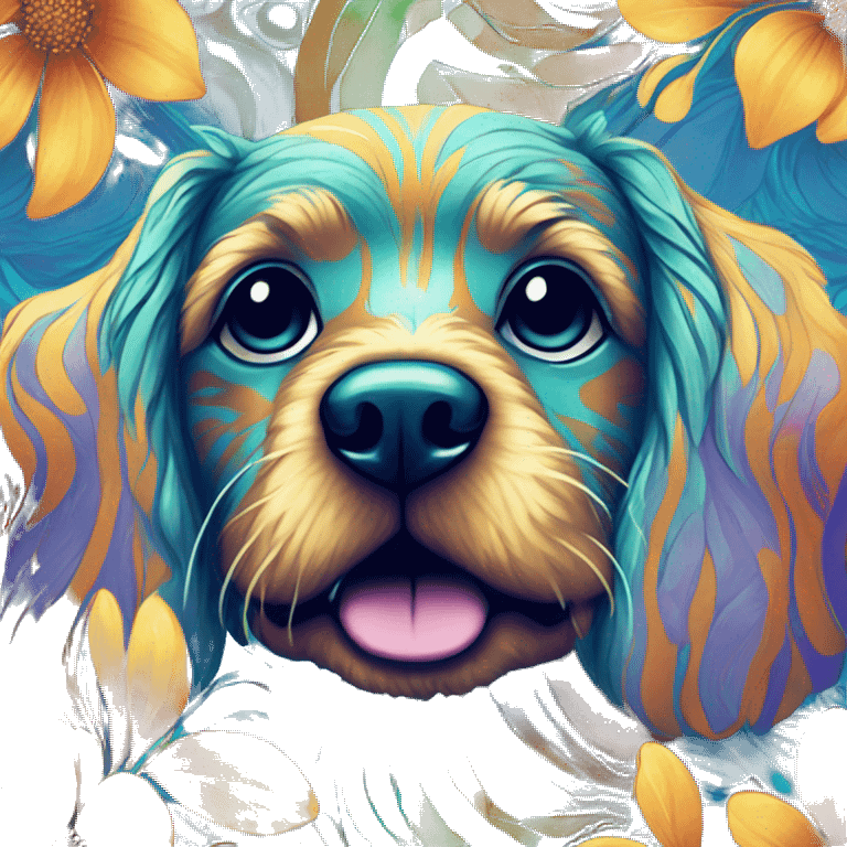 Multicolored retro groovy hippie trippy floral patterns on a metallic holographic iridescent blue dog face  emoji