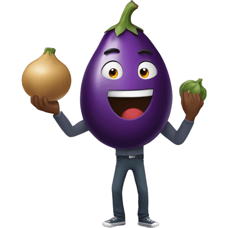 A man is holding an eggplant in a hand and an arm down to the navel position emoji