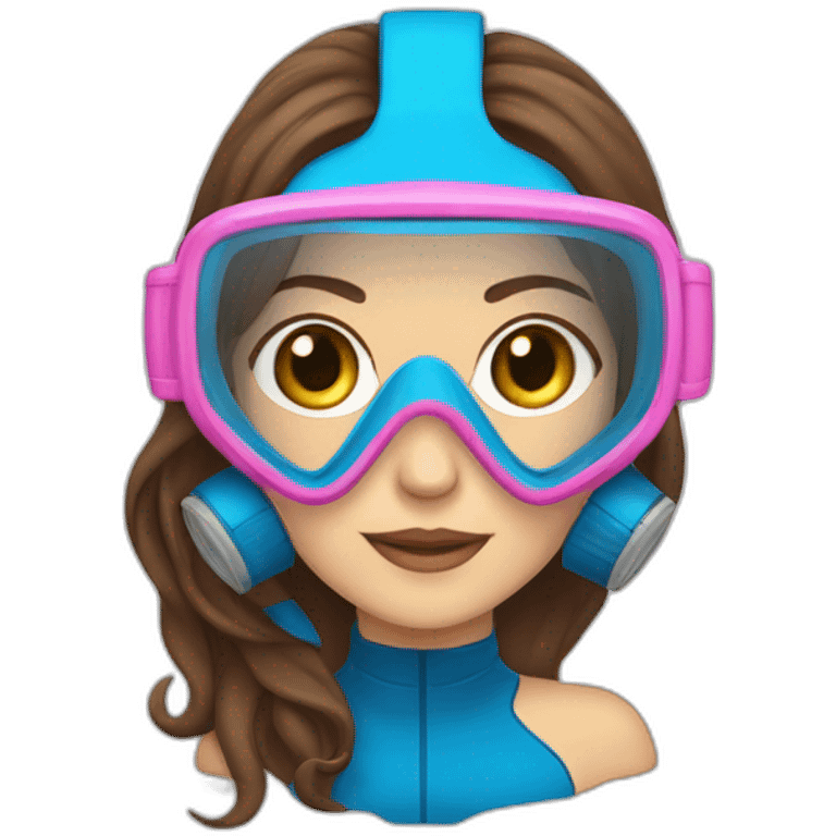 a woman with a scubadiver suit. pink dive mask, with blues eyes inside the dive mask. brown largue and straight hair emoji