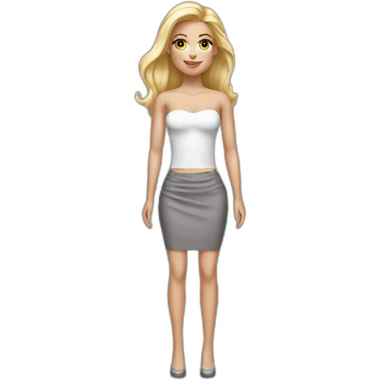 hyperrealistic caucasian long blonde woman white v-neck strapless top gray tight mini skirt emoji