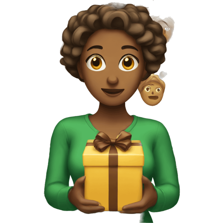 Woman with brown skin wrapping Christmas present emoji