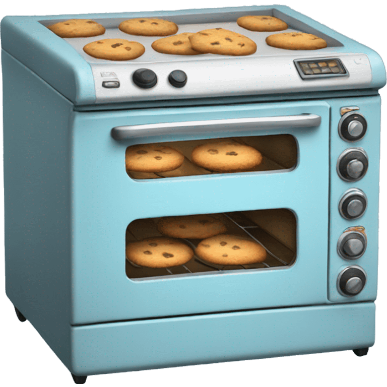 Realistic vintage  light blue oven with cookies baking inside of it. emoji