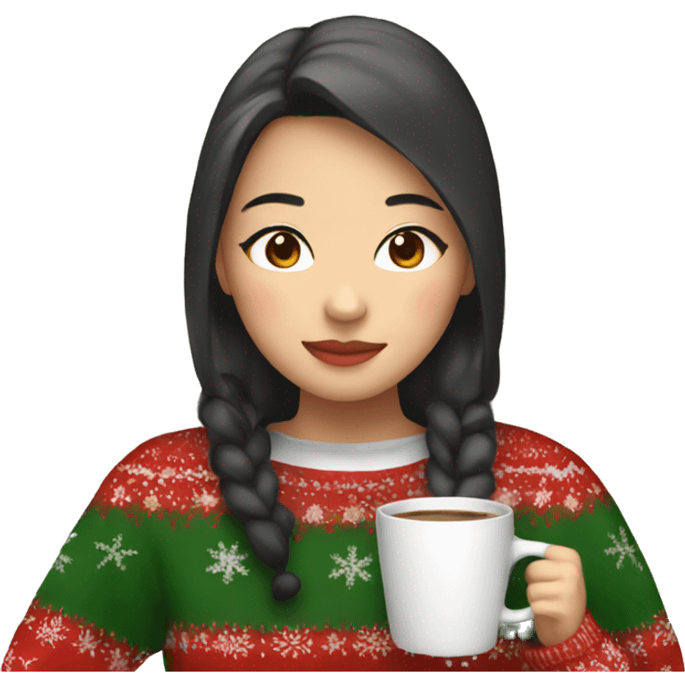 asian girl drinking coffee wearing Christmas sweater emoji