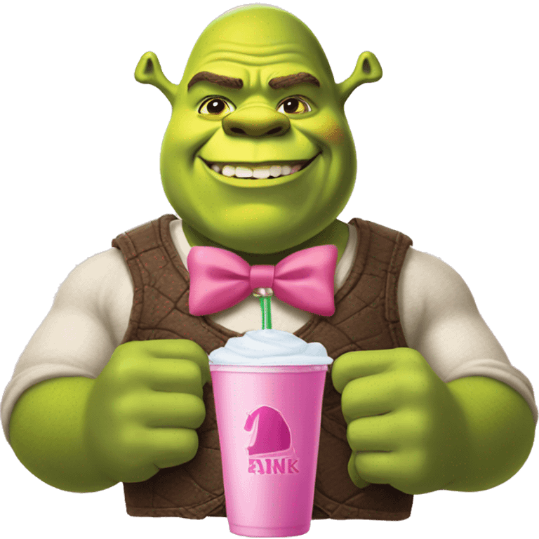 shrek with a pink bow and apink drink emoji