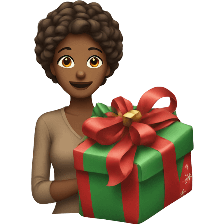 Woman with brown skin wrapping Christmas present emoji