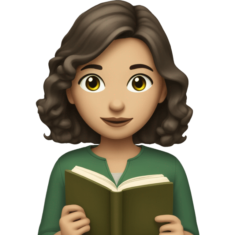 brunette chin length haired girl with beige skin tone and dark green eyes reading a book  emoji