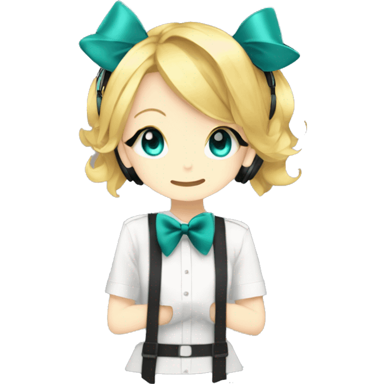 Kagamine rin, she has a bow a sigh headphones+mic and bowtie with Teal eyes emoji