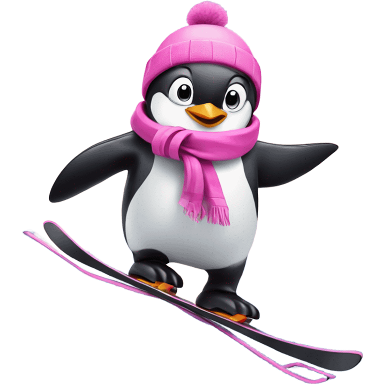 Penguin in pink skiing down snowy mountain  emoji