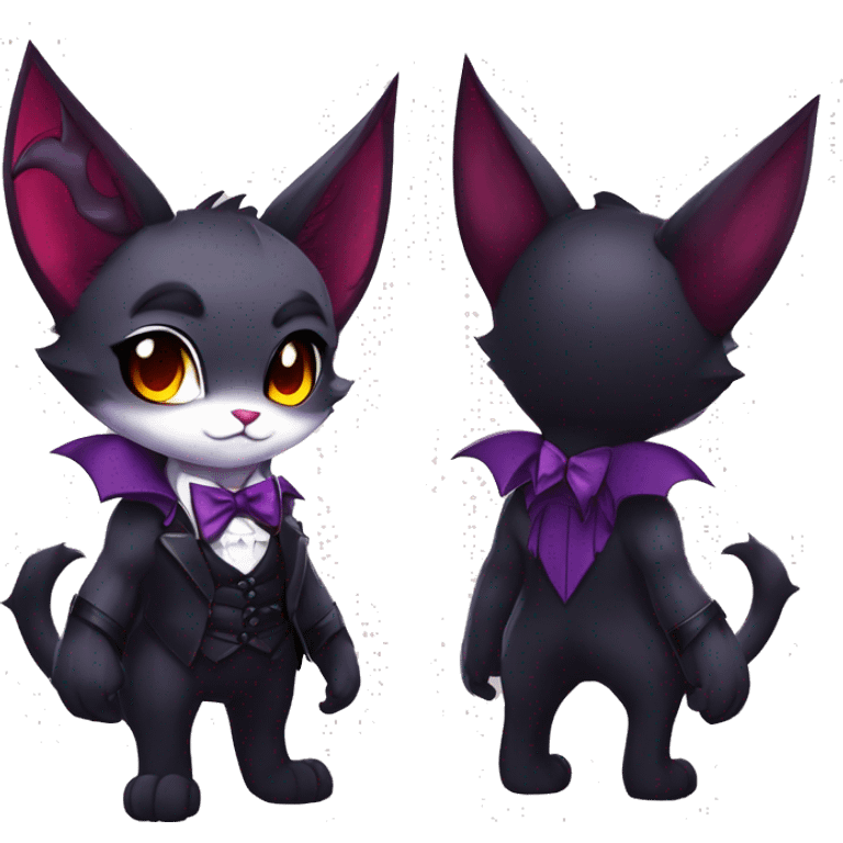 Anthro-Cute-Edgy-Vampiric-Batty-Cat-Black-Purple-Red-Grey-White-Yellow-Contrast-Colors-Fantasy-Fur-Sona-Chibi-Shiny-Fakémon-Hybrid with horns and big fangs collar bow ties leg spats full body emoji