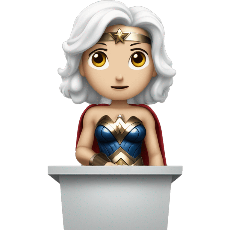 white skin wonder woman behind a podium giving a sad speech emoji