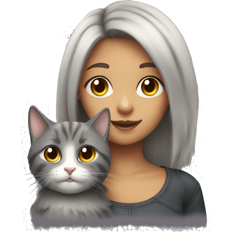 A girl with highlights and a fluffy gray cat emoji