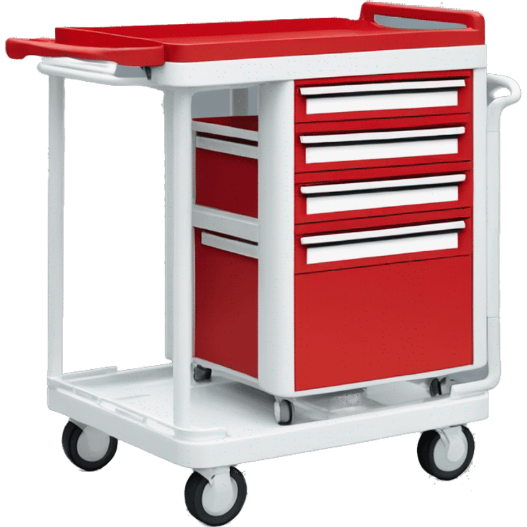 Singular Red medical crash cart is a mobile, multi-drawer unit designed to store and organize emergency medical supplies and equipment emoji