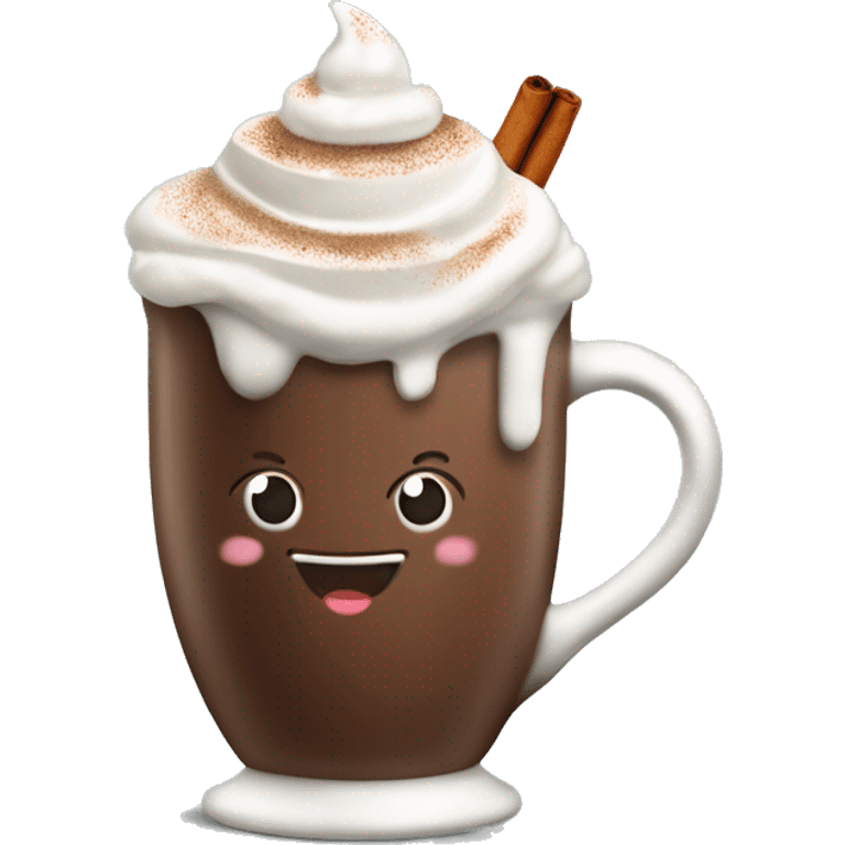 Decorated Christmas mug of hot chocolate with whipped cream and cinnamon emoji