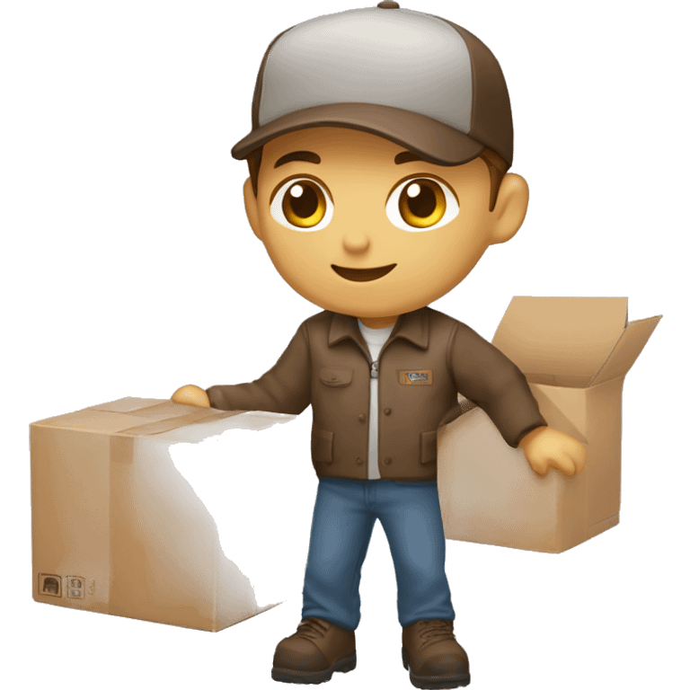 Delivery boy, full body, light skin tone, wearing brown cap and brown jacket, UPS delivery company uniform loading a package without background emoji