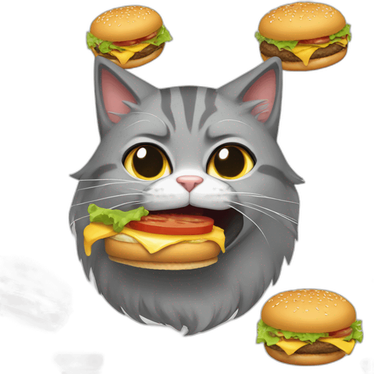 gray cat with long furr eats a burger emoji