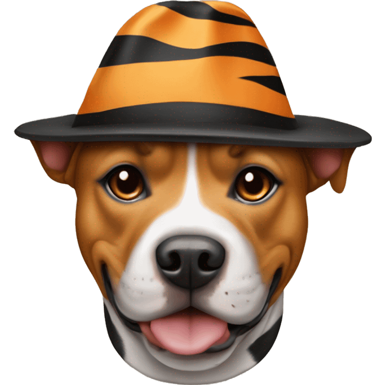 Staffordshire bull terrier mix dog wearing a tiger hat emoji