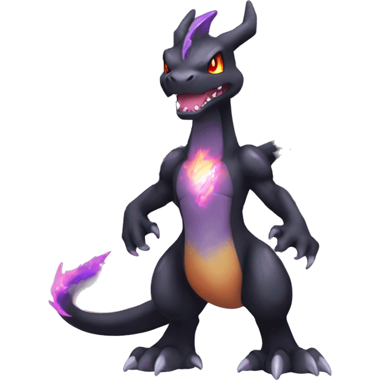 Black shiny sparkly chibi Charizard-Fakémon with purple flame on tail full body emoji