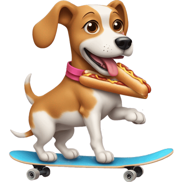 A dog riding a skateboard holding a hotdog  emoji