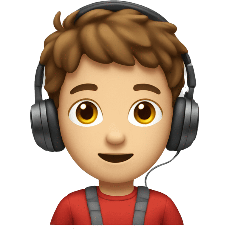 A kid with a red t shirt and brown hair and headphones  emoji