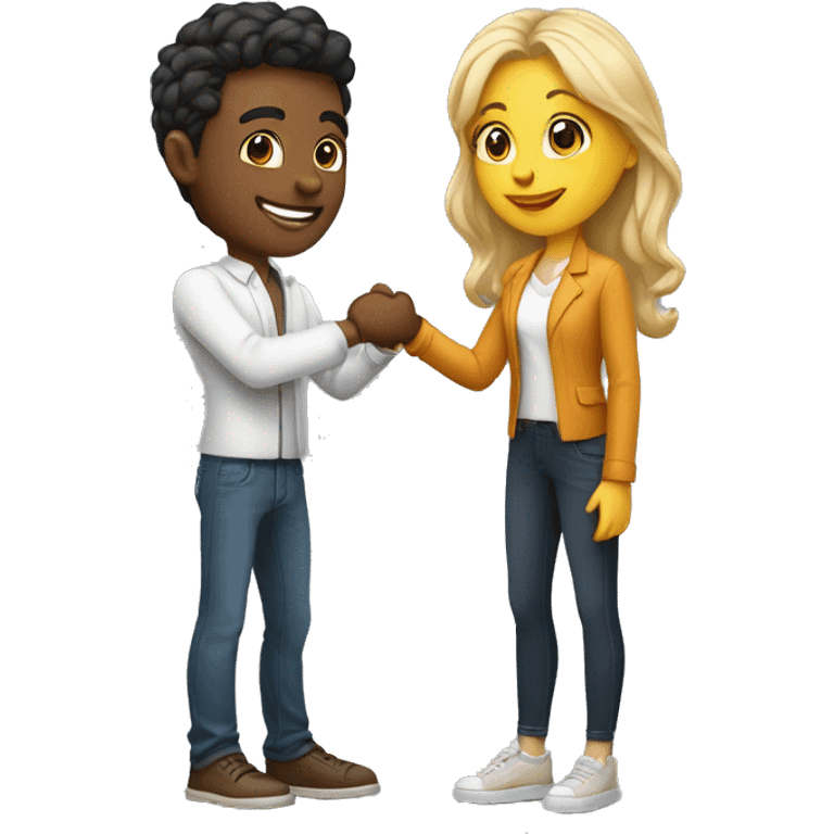 an adult restaurant owner and a young blogger shaking hands, both with fair skin, in great detail emoji