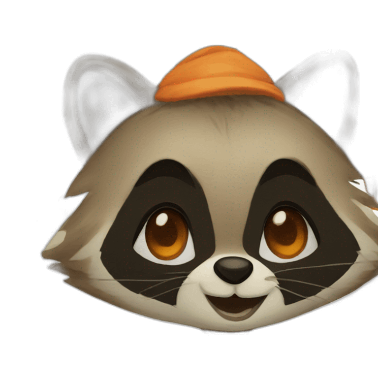 brown raccoon with orange eyes and a dark green hood that smile emoji