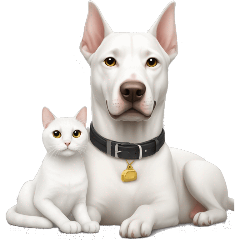 White cat sitting with Doberman emoji