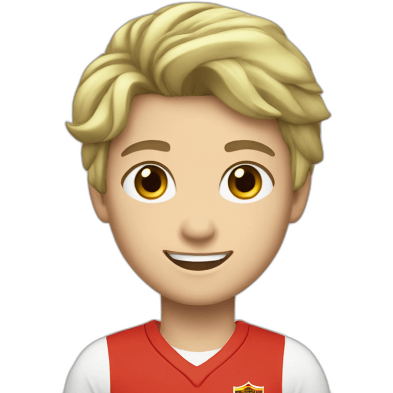 A smiling white teen with a long face in red Ferrari jersey with very short black hair and light green eyes and dig cheeks emoji