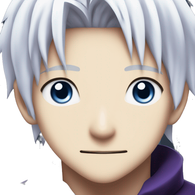 Satoru Gojo From jujutsu kaisen, with dark purple clothes with a tall collar, bright blue eyes, white hair and white eyelashes emoji