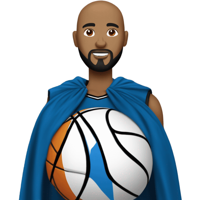 The bald head beard and goatee basketball with blue and black NYK cape. emoji