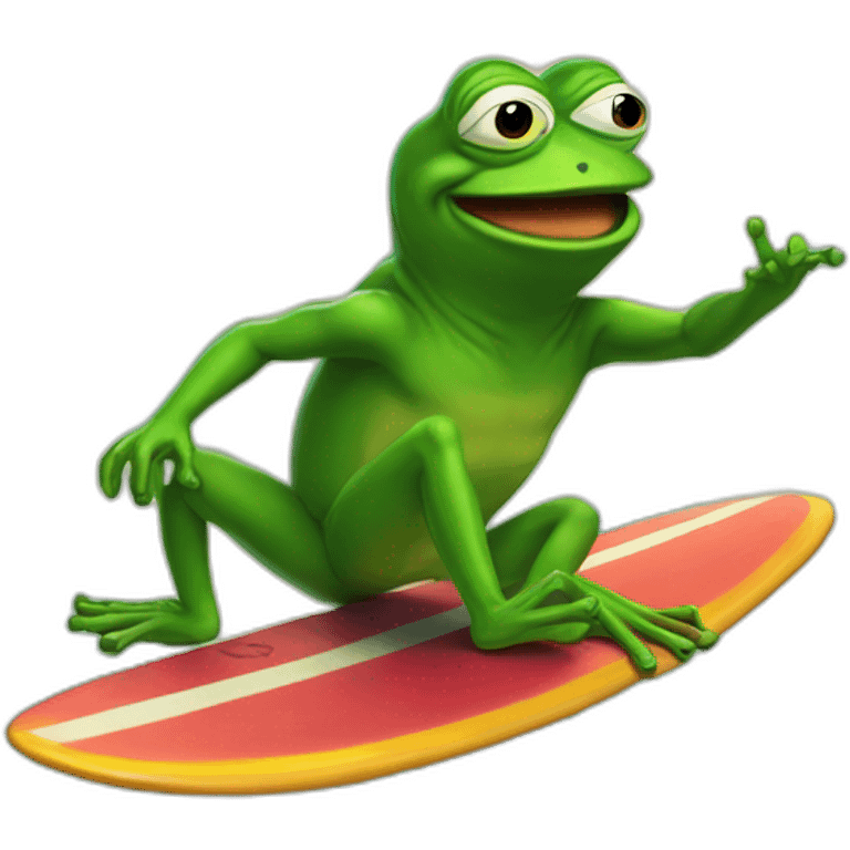 Pepe the frog surfing on a bitcoin emoji